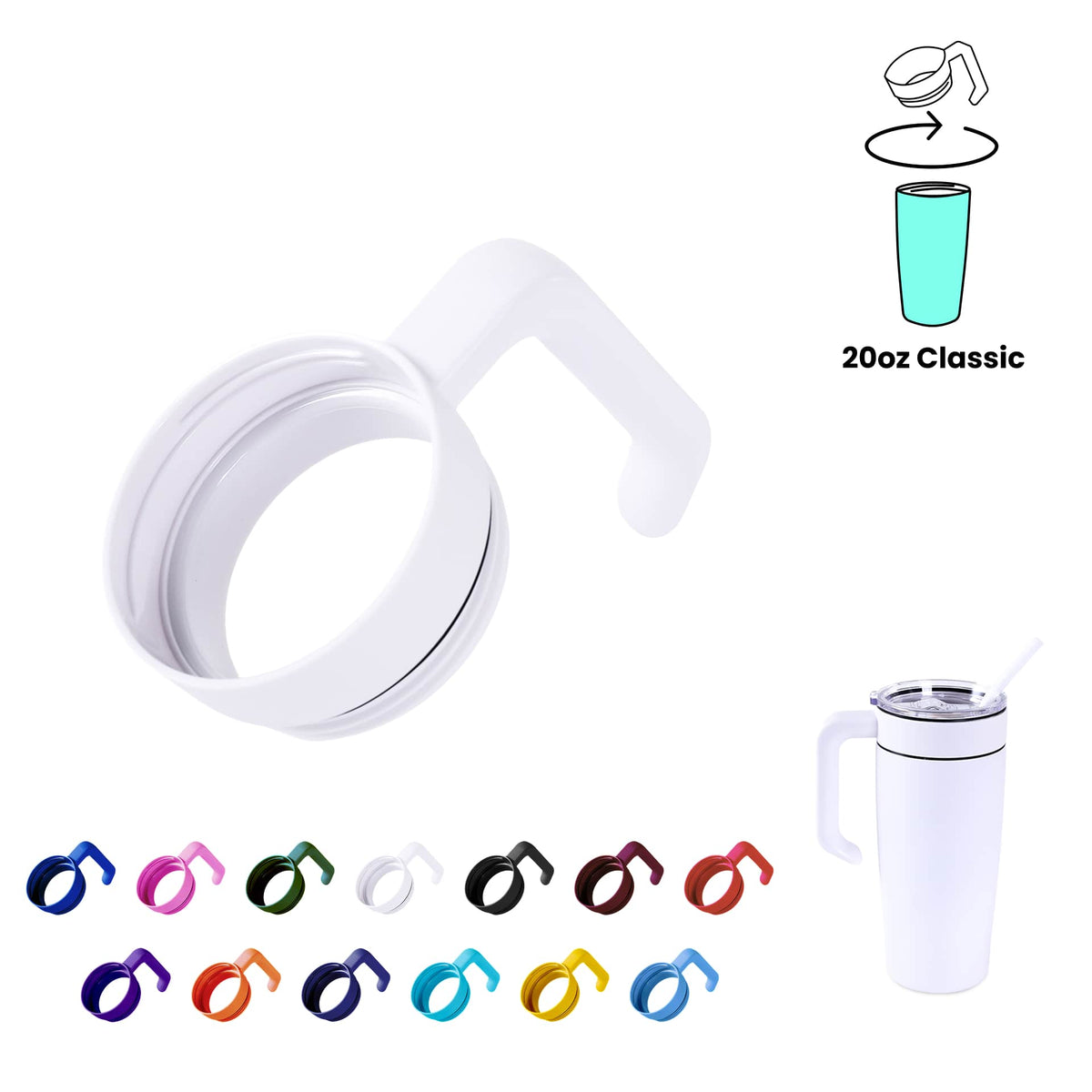 MakerFlo twist-on tumbler handle accessory in white, with side grip