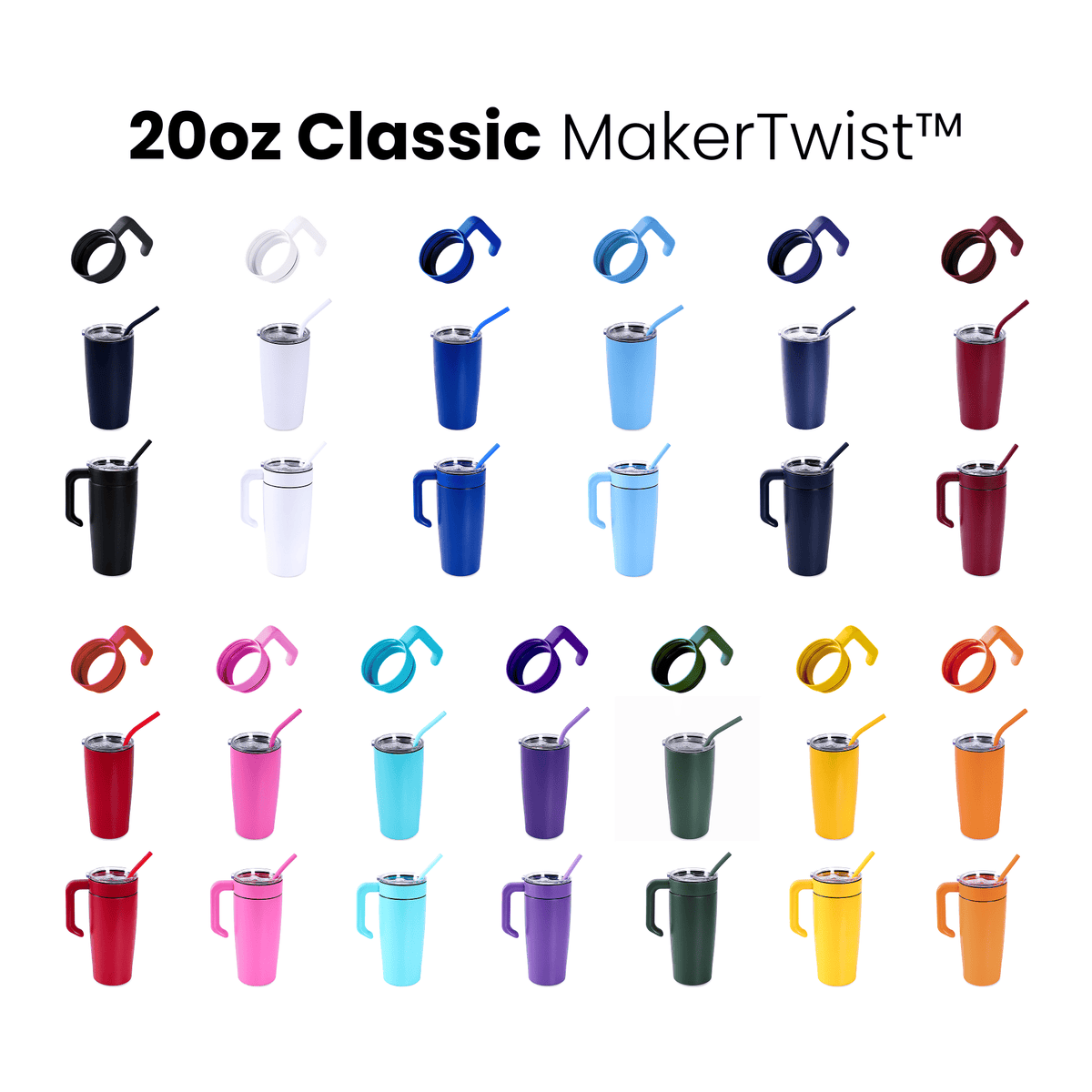 Assorted 20oz classic stainless tumblers in multiple colors with handles and straws