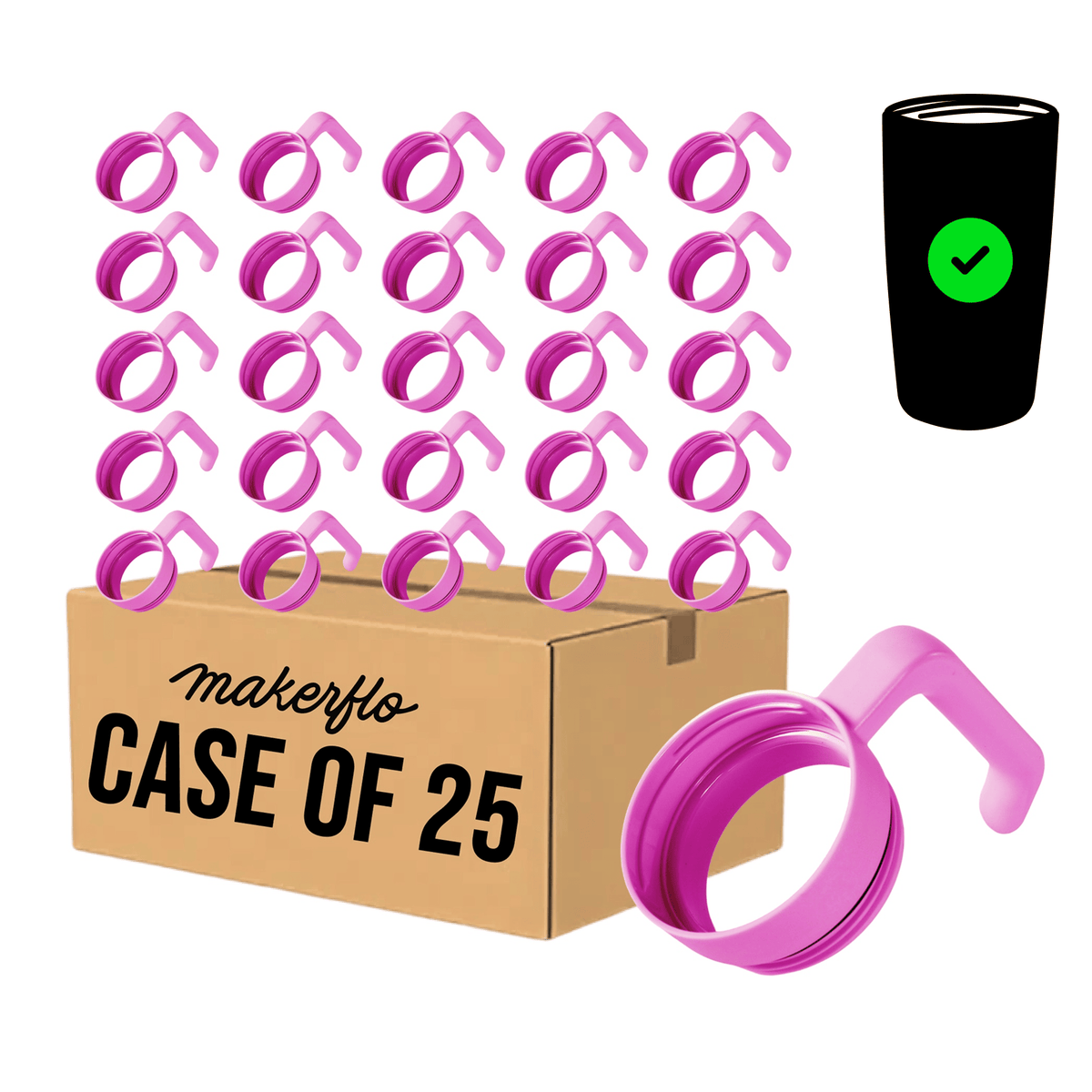 Case of 25 twist-on tumbler handles, pink rings with curved grip handles