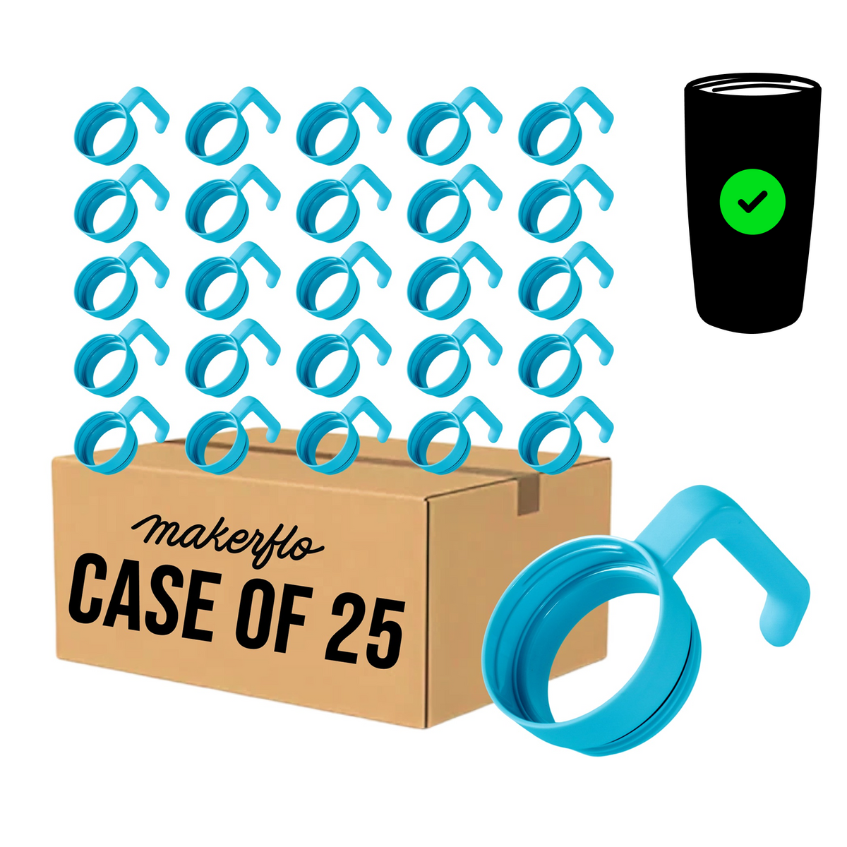 Case of 25 twist-on tumbler handles, blue rings with curved grip handles