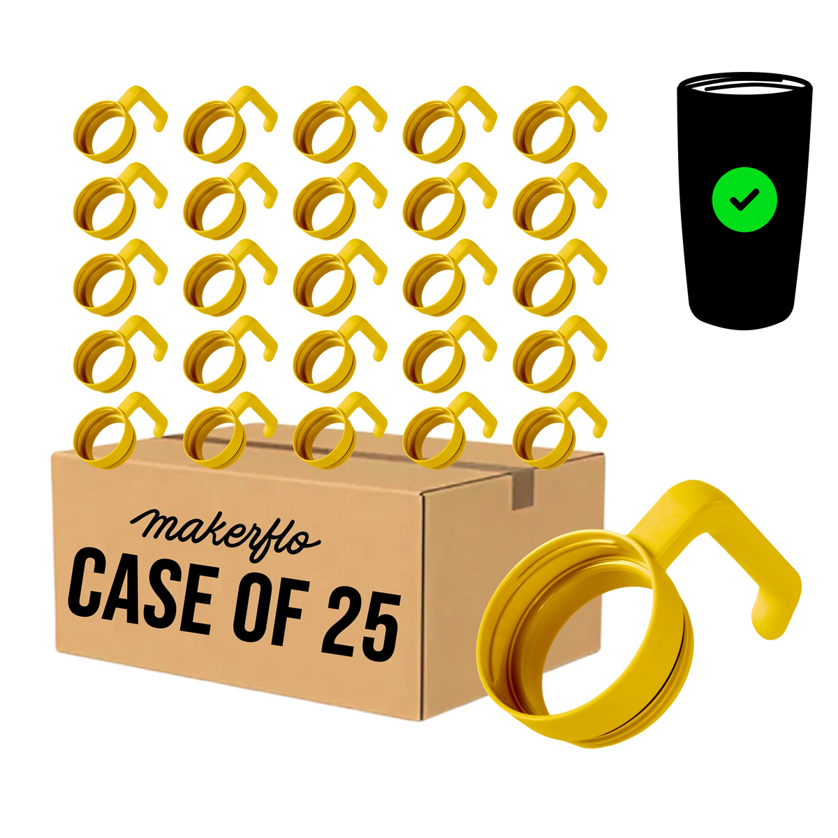 Case of 25 twist-on tumbler handles, yellow rings with curved grip handles