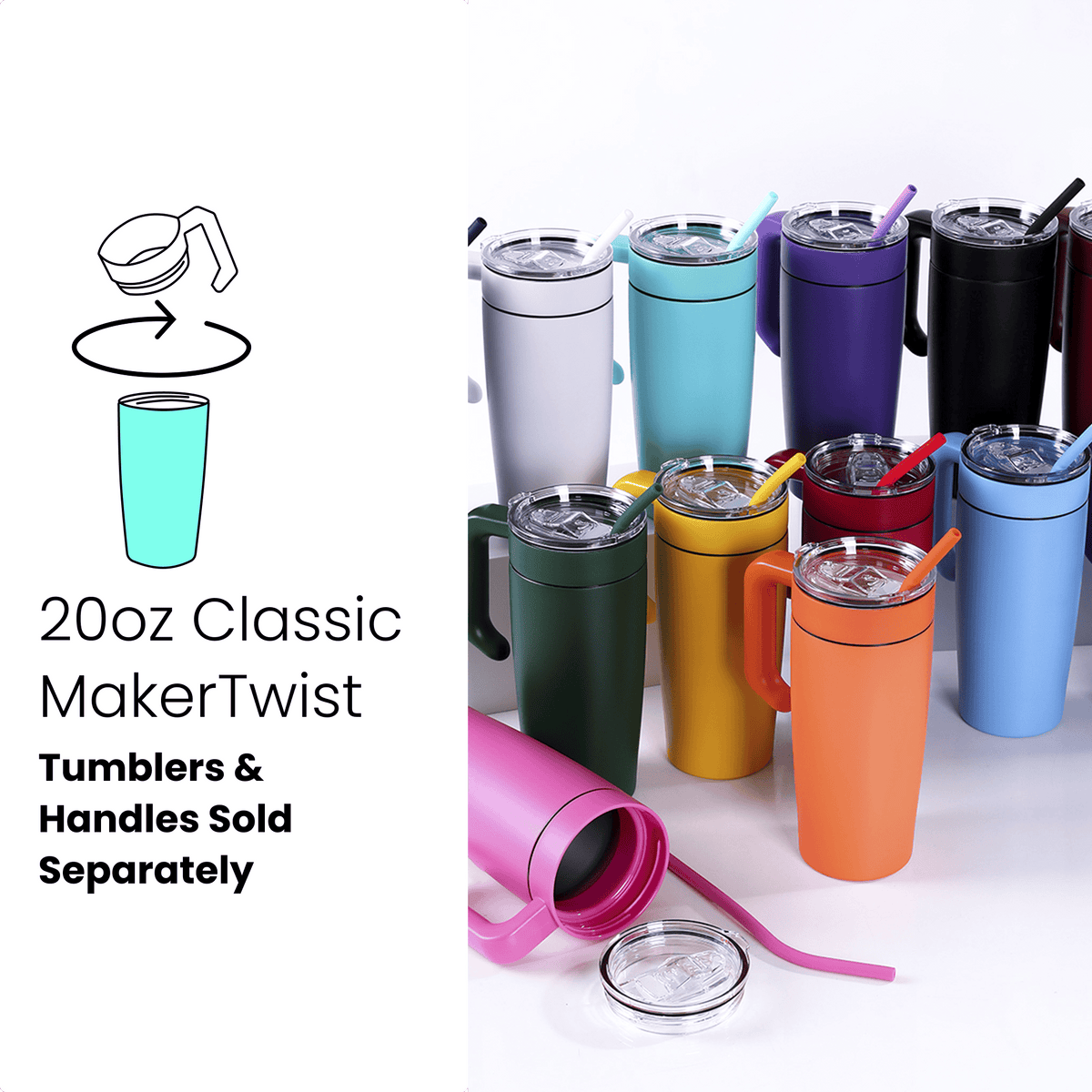 Assorted 20oz stainless tumblers with clear lids and colorful straws and handles