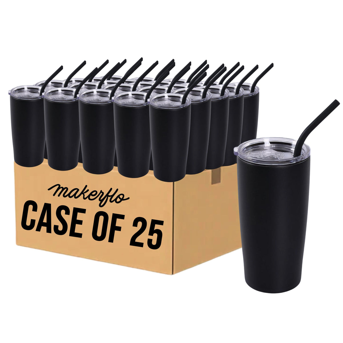 MakerFlo 20oz tumbler case of 25, black cups with clear lids and black straws