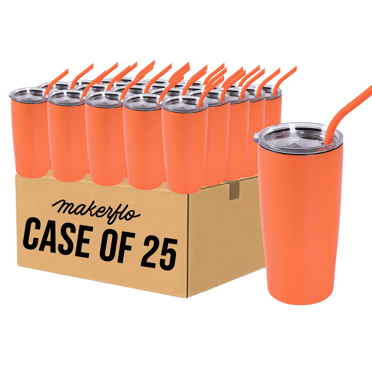 Set of 25 20oz stainless steel tumblers with lids and orange straws, orange