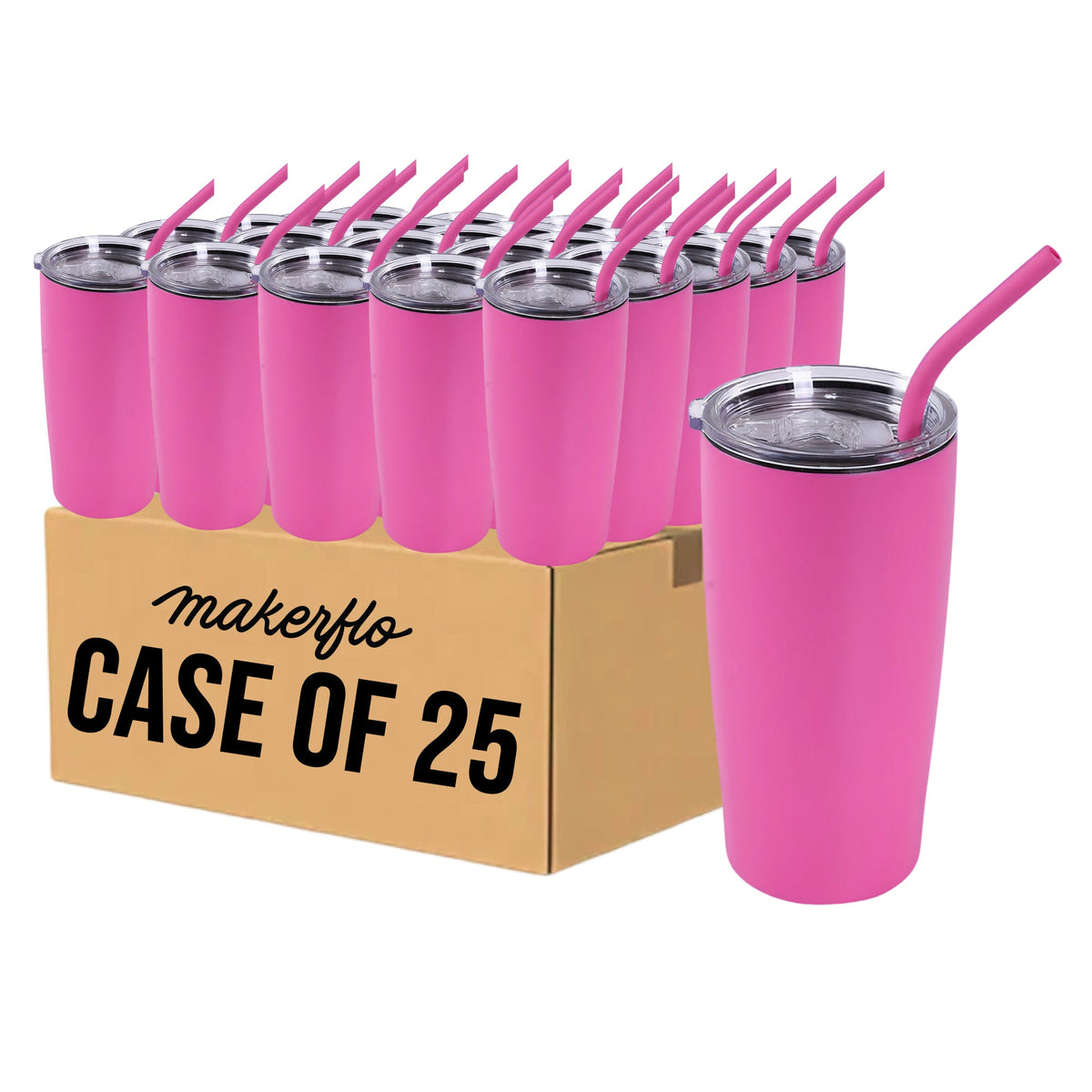 Case of 25 pink 20oz tumblers with clear lids and pink drinking straws, boxed