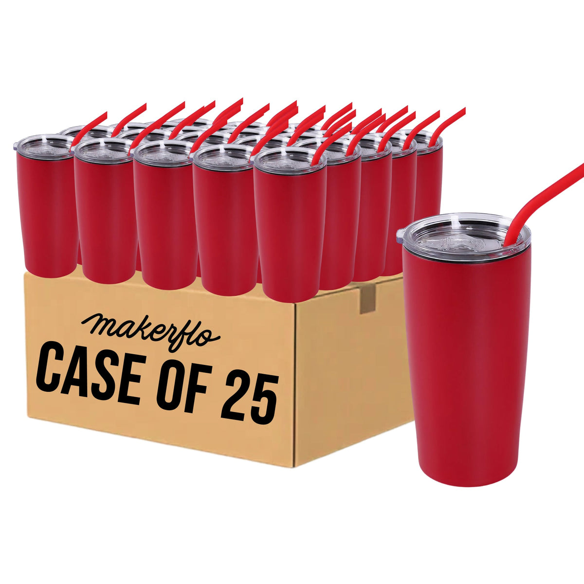 Case of 25 maroon 20oz stainless steel tumblers with clear lids and red straws