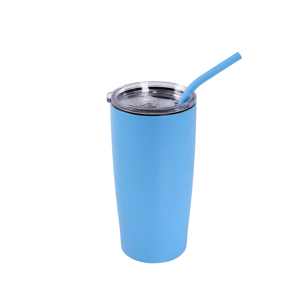 MakerFlo 20oz stainless tumbler, light blue cup with clear lid and light blue straw