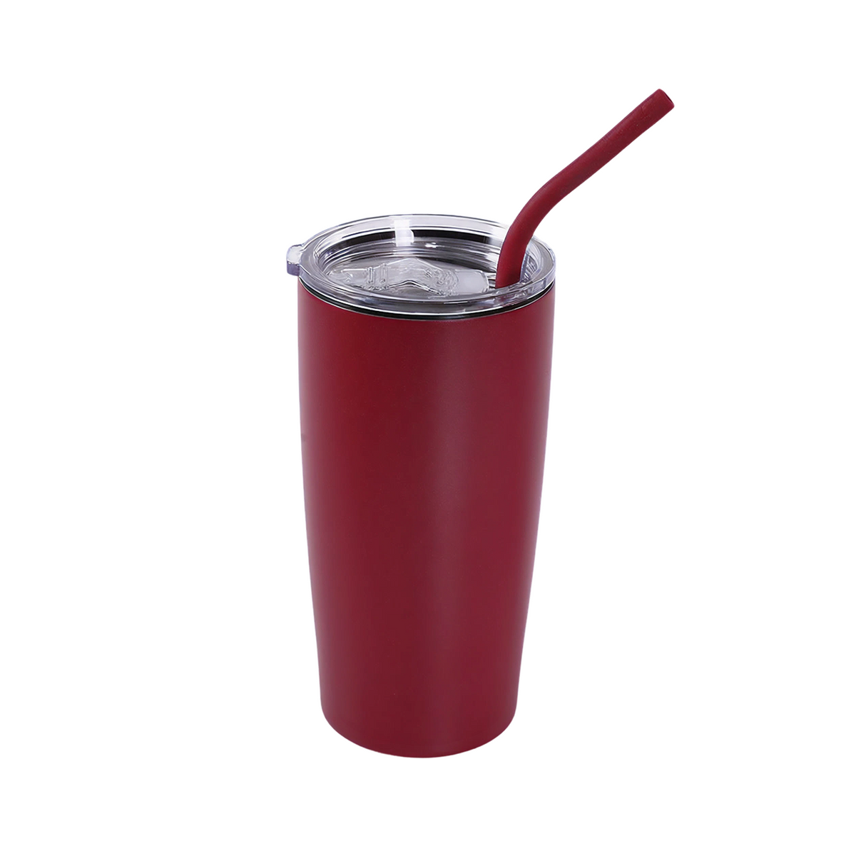 Maroon 20oz insulated stainless steel tumbler with clear lid and red drinking straw