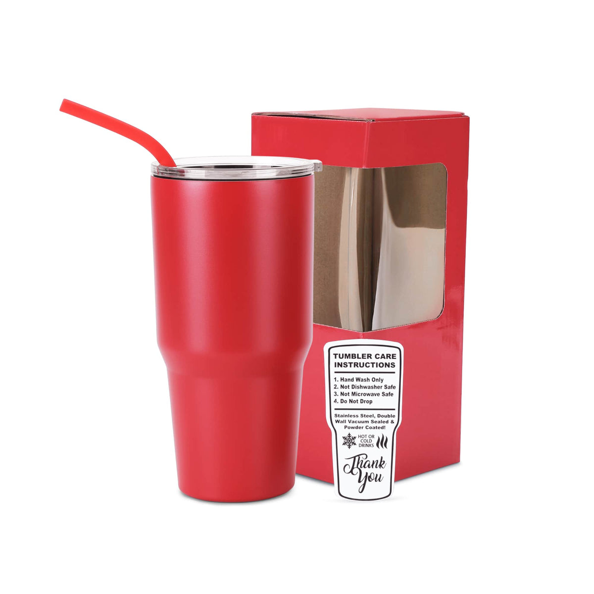 Red 30oz stainless steel tumbler with clear lid, sipping straw, and instruction box