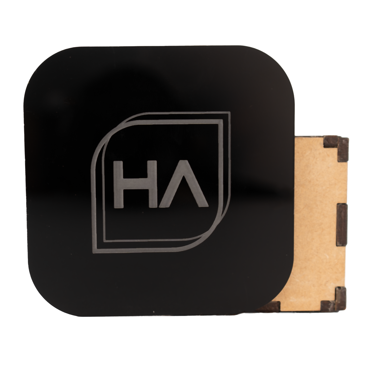 Glossy black cast acrylic sheet with etched HA logo, rounded-square shape