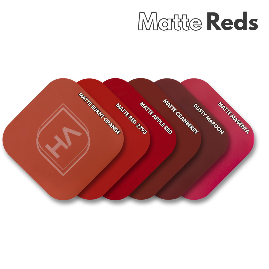 Matte red acrylic swatch samples, stacked rounded squares in multiple red tones