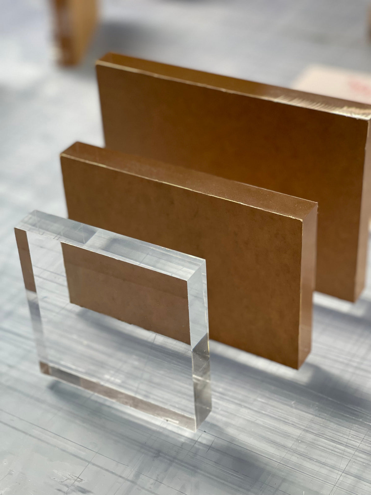 Clear acrylic photo display block with backing panels, 3/4 in face mount.