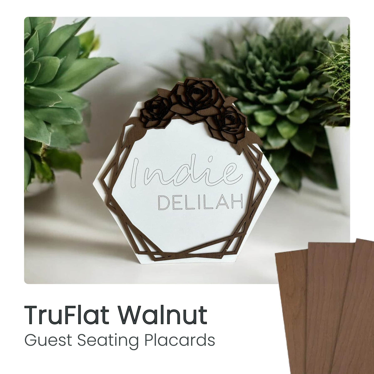 TruFlat laser-cut walnut name sign in hexagon frame with floral border