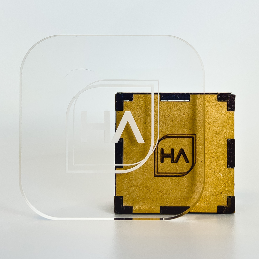 Glossy clear acrylic sheet with rounded corners, transparent panel on display