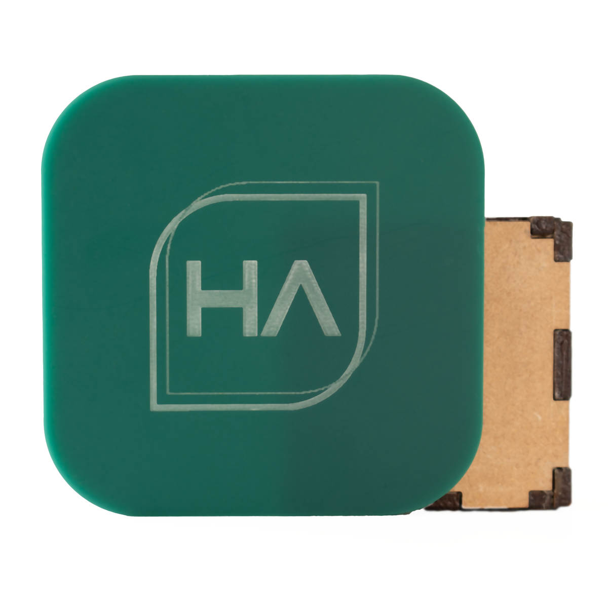 Matte evergreen cast acrylic sheet, dark green with HA logo cutout