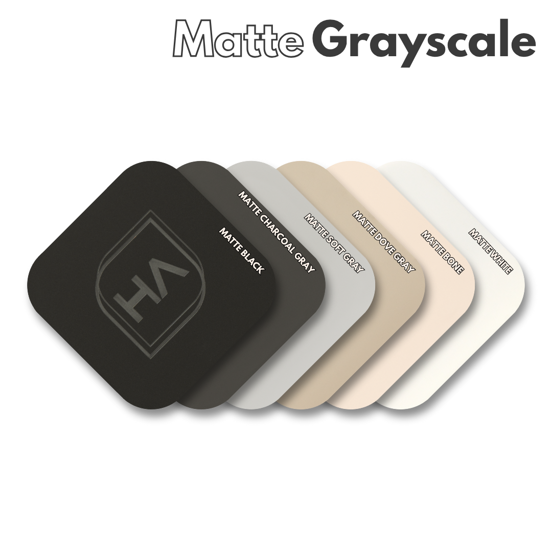 Matte gray cast acrylic sample swatches fan, showing different gray tones