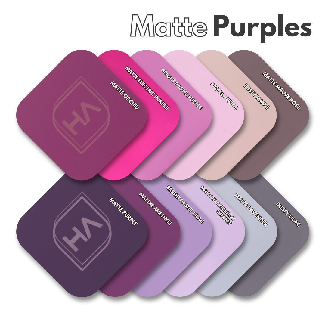 Matte purple cast acrylic swatch set, rounded squares in multiple purple tones