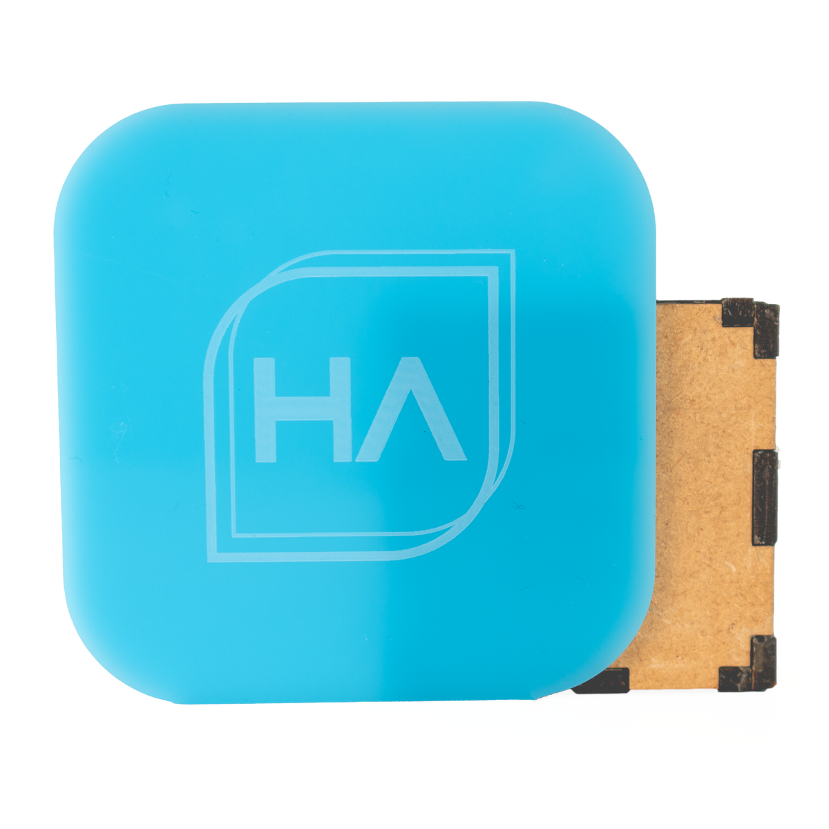 1/8-inch neon sky blue glossy cast acrylic sheet, rounded-square with clear HA logo