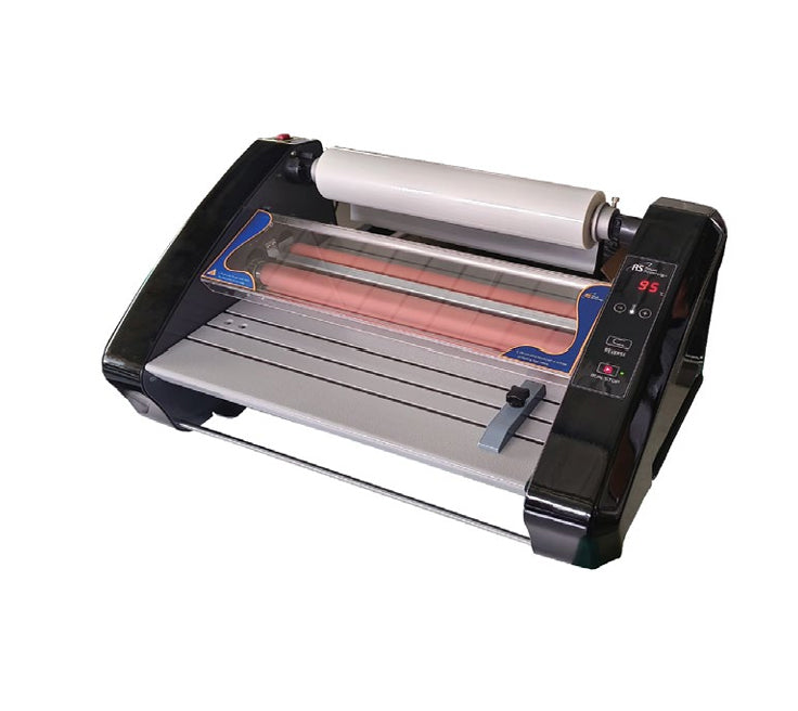 Desktop roll laminator with black housing, heated rollers, and side control panel