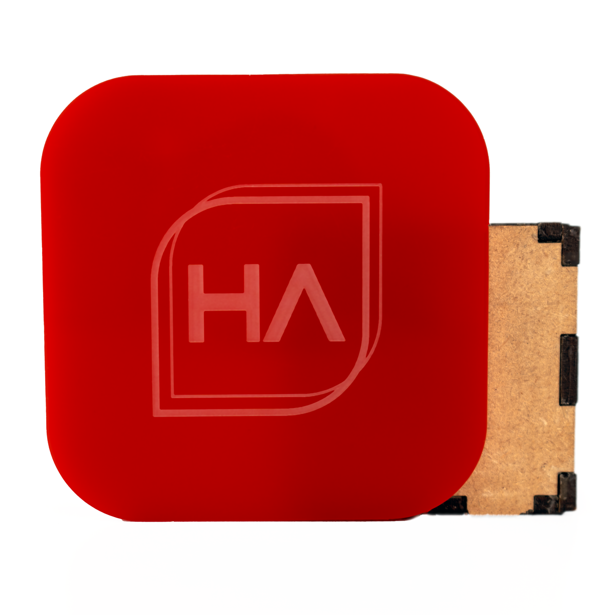 Glossy red cast acrylic sheet with clear protective film and HA logo, 1/4 in thick