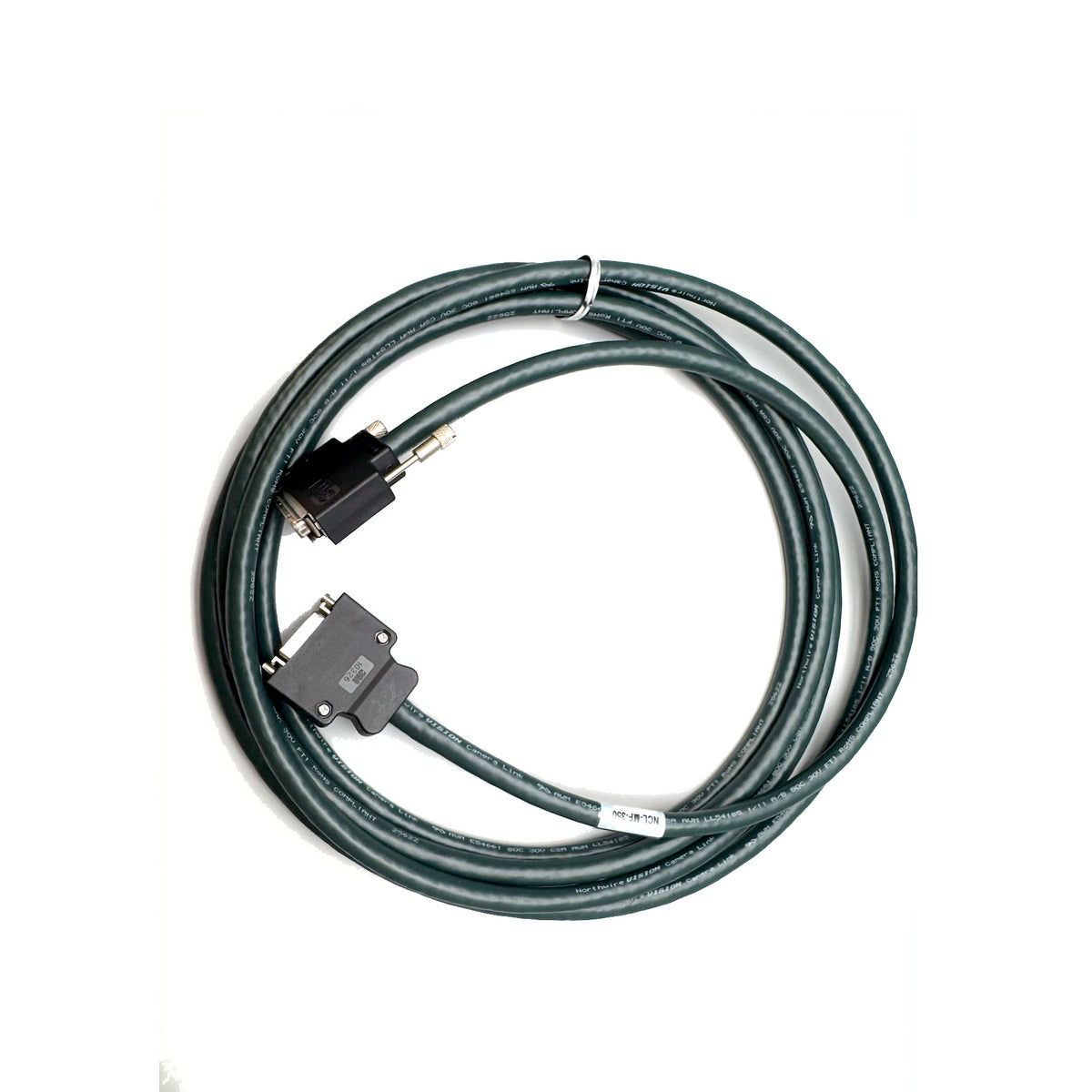 Dark green camera cable with two end connectors, neatly looped