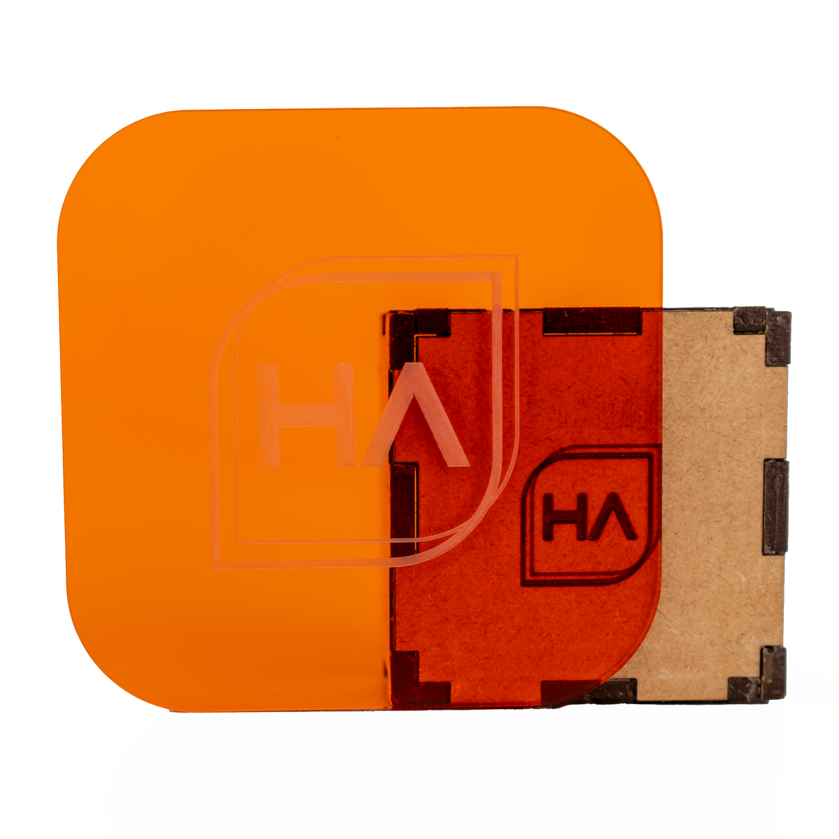 Translucent orange glossy cast acrylic sheet, square piece with clear protective backing