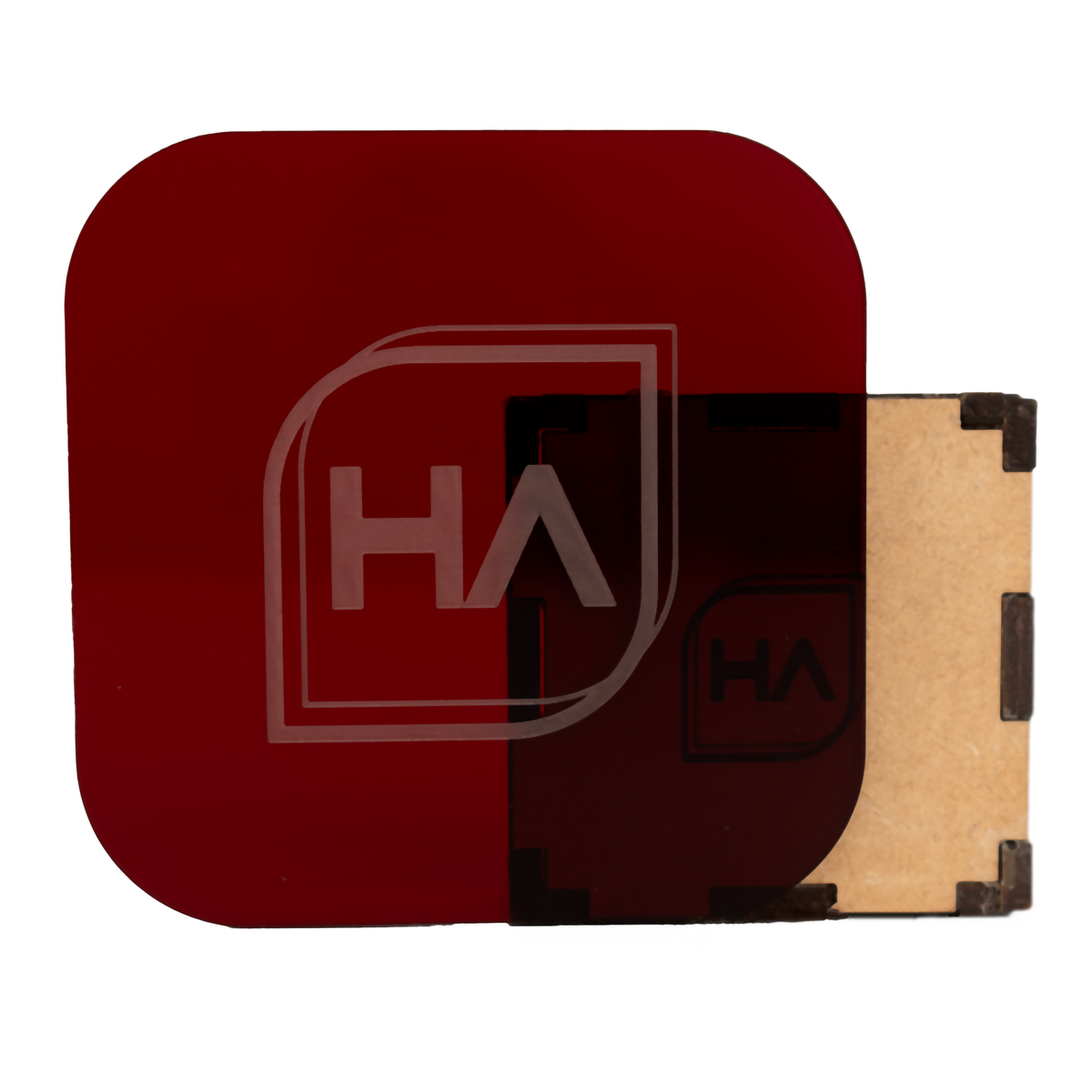 Glossy translucent ruby red cast acrylic sheet with rounded edges, mounted on backing