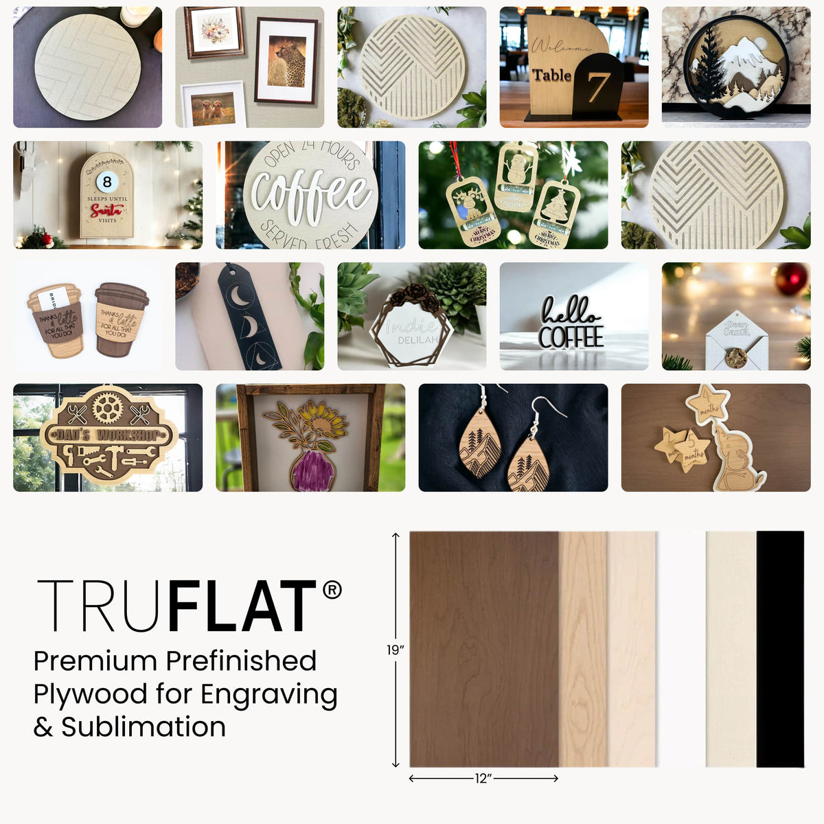 TruFlat laser wood plywood sheets in dark wood, light wood, and black