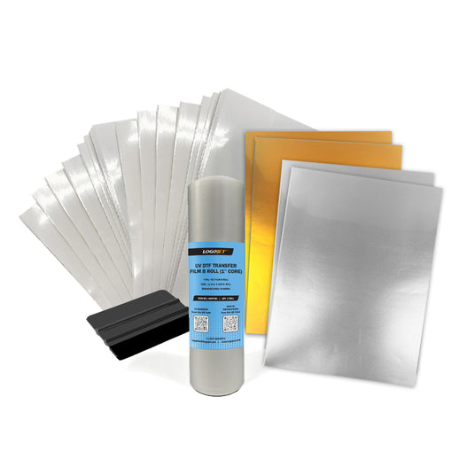 LogoJET UV DTF starter kit with silver transfer sheets, roll film, and instruction box