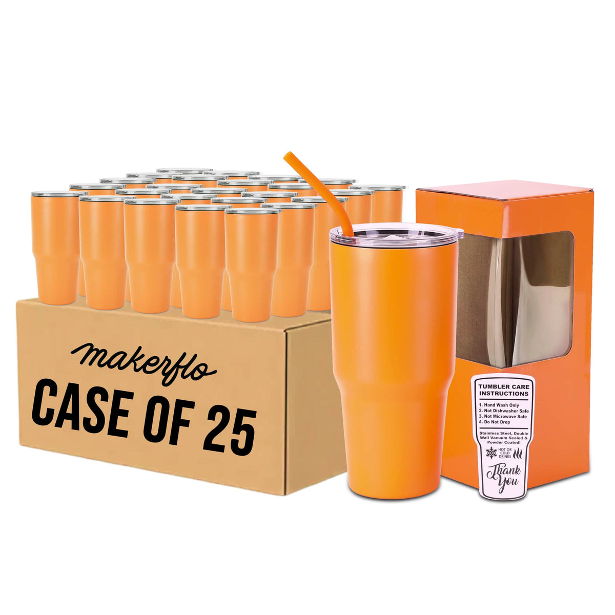 30oz MakerTwist stainless steel tumbler set, orange cups in case of 25