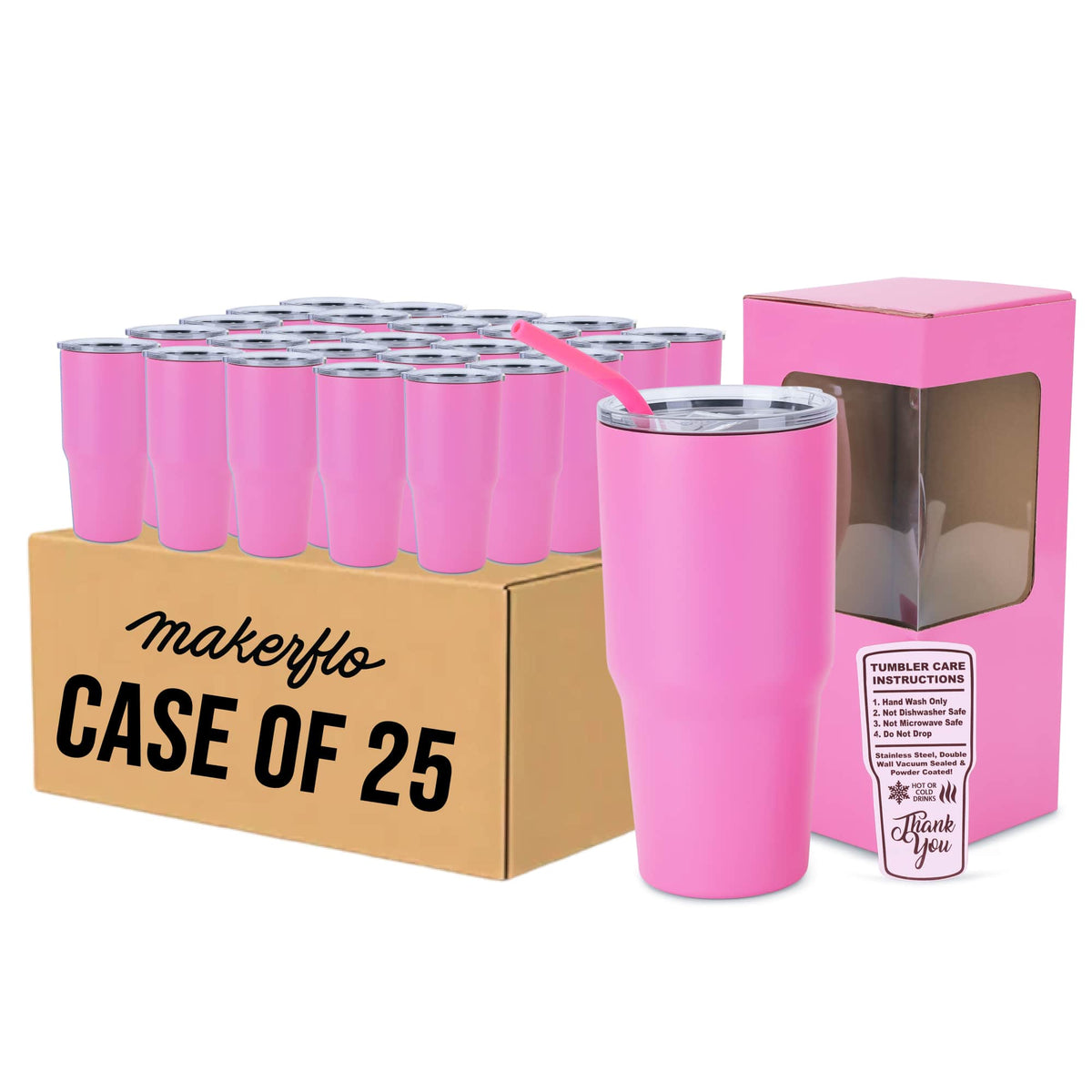 MakerFlo 30oz MakerTwist stainless steel tumbler, pink case of 25 with cartons