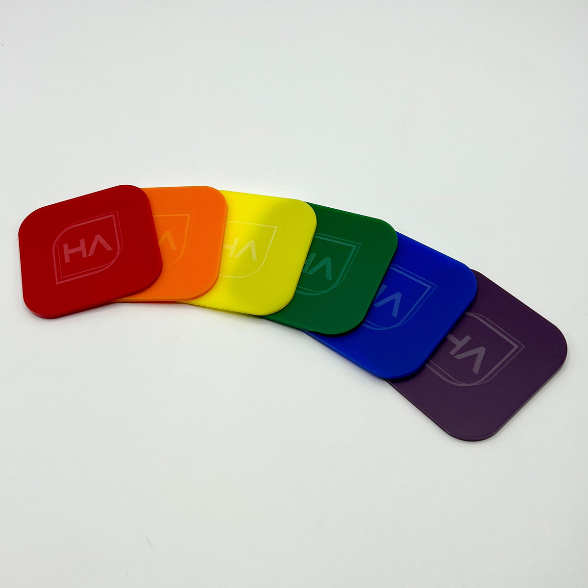 Color swatch set of matte cast acrylic pieces, rounded squares in bright spectrum