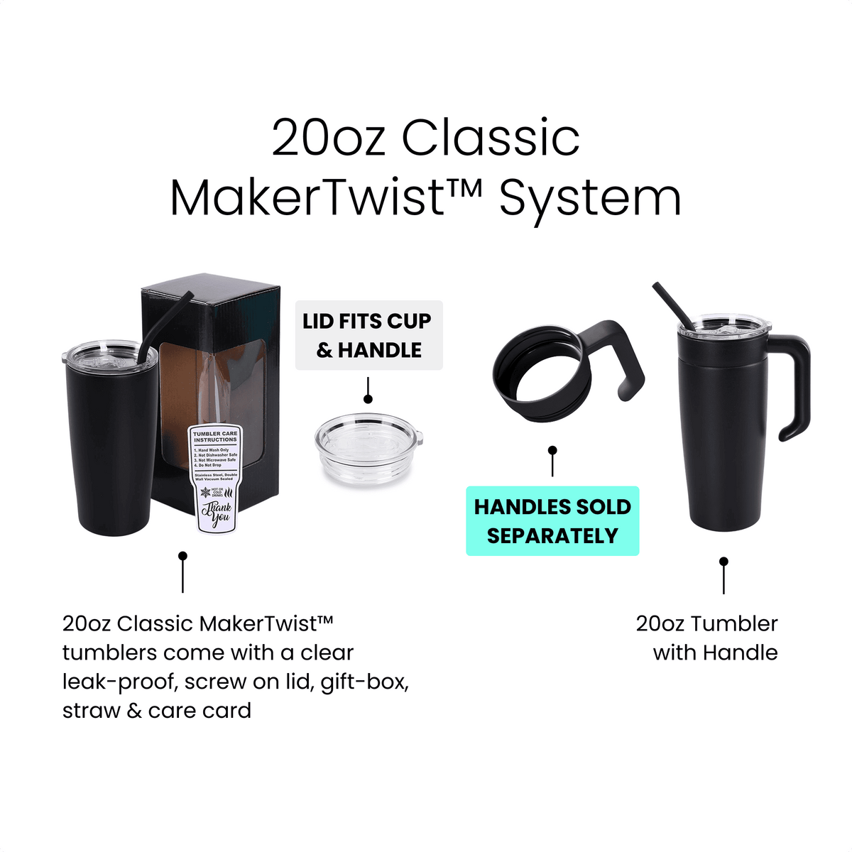 20oz stainless tumbler with clear lid insert and straw, plus handle illustration