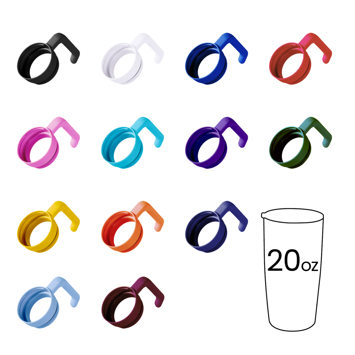 MakerFlo twist-on tumbler handles in multiple colors, assorted grip rings