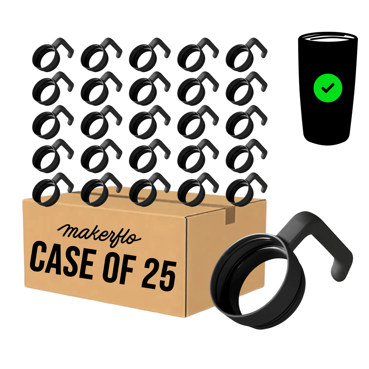 MakerFlo case of 25 black twist-on tumbler handles with grip loops