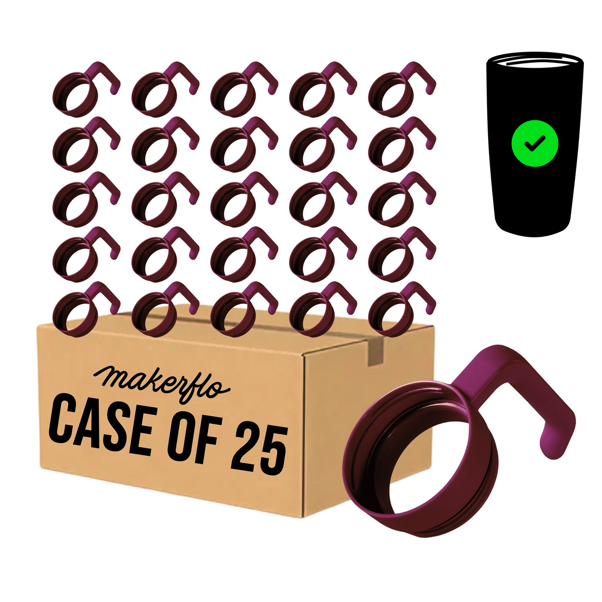 Twist-on tumbler handle set of 25, maroon, with mounting ring and grip tab