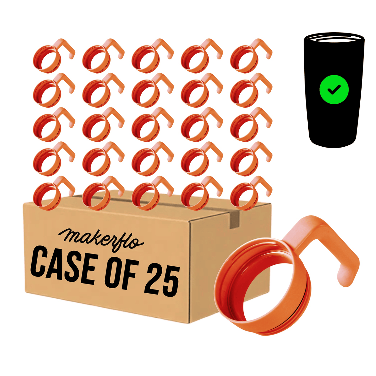 Orange twist-on tumbler handle accessory, case of 25 with multiple grip loops