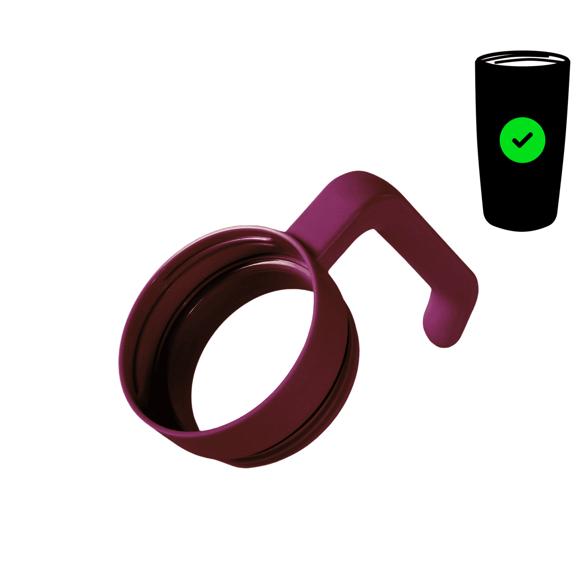 Twist-on tumbler handle accessory, maroon, with mounting ring and grip tab
