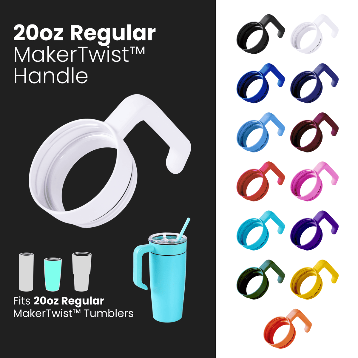 MakerFlo twist-on tumbler handle accessory in white, curved grip