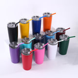 Set of colorful 20oz stainless tumblers with clear lids and reusable straws