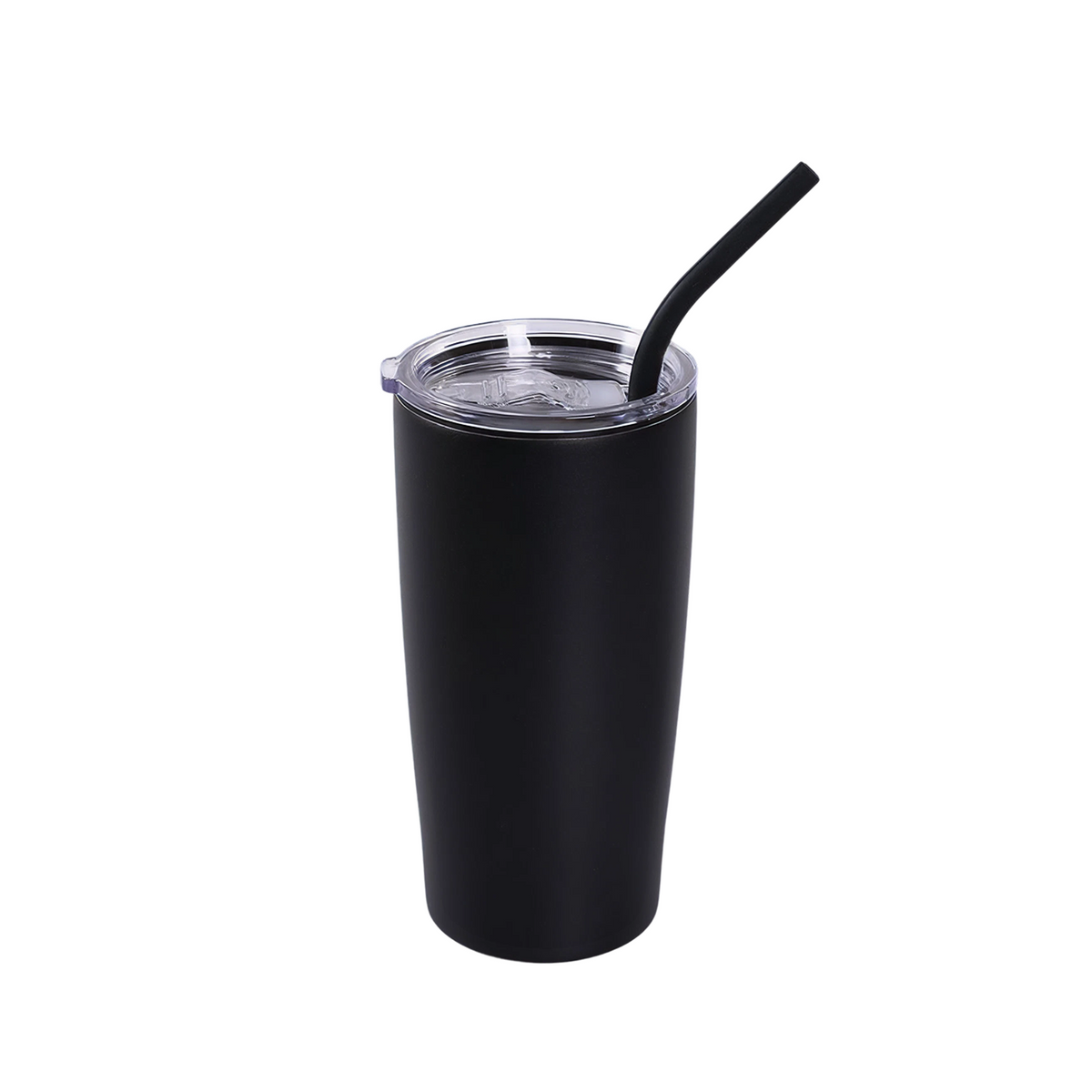 20oz stainless tumbler with clear lid and black straw, dark finish