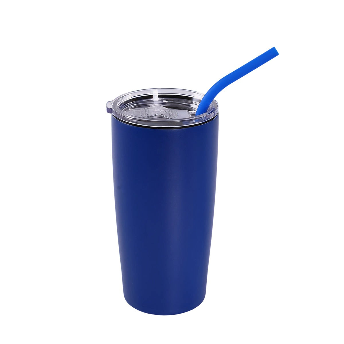 MakerFlo 20oz stainless tumbler, blue cup with clear lid and blue straw