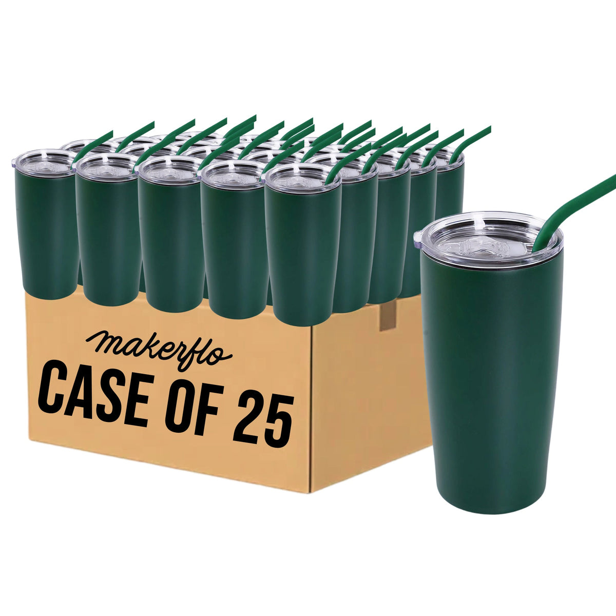 Set of 25 20oz stainless steel tumblers with lids and green straws, dark green