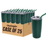 Set of 25 20oz stainless steel tumblers with lids and green straws, dark green