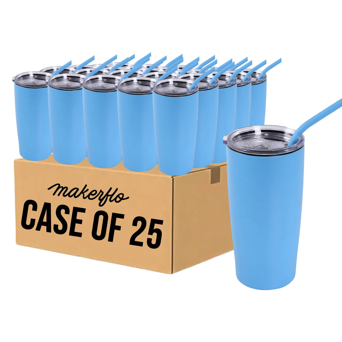 MakerFlo 20oz tumbler case of 25, light blue cups with clear lids and light blue straws