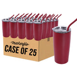 Case of 25 maroon 20oz tumblers with clear lids and red drinking straws, boxed