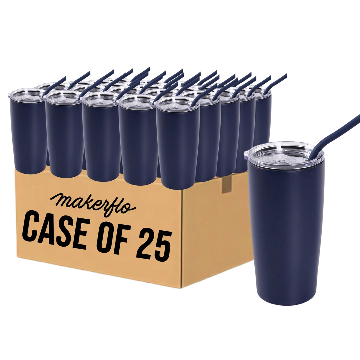 MakerFlo 20oz tumbler case of 25, navy cups with clear lids and dark straws