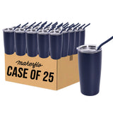 MakerFlo 20oz tumbler case of 25, navy cups with clear lids and dark straws