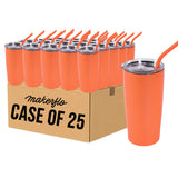 Set of 25 20oz stainless steel tumblers with lids and orange straws, orange