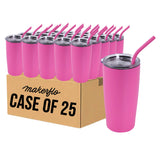 Case of 25 pink 20oz tumblers with clear lids and pink drinking straws, boxed